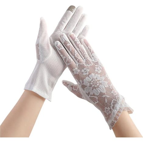 Guanti da donna in pizzo floreale, guanti estivi con protezione UV, con funzione touchscreen, colore bianco, adatti per abiti da sposa.