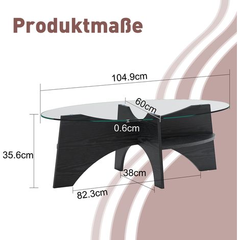 Table d'appoint ovale en verre trempé – 104,9 x 60 cm, pieds en MDF noir façon bois, design éventail, idéale salle à manger & bureau (1/4)