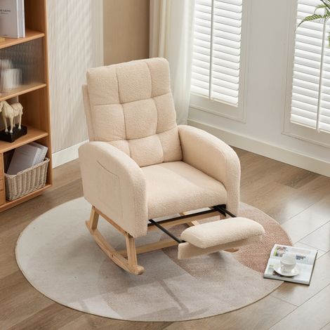 Poltrona dondolo in velluto Teddy beige con poggiapiedi retrattile, tasche laterali e struttura in legno massello, per soggiorno e camera da letto (1/5)