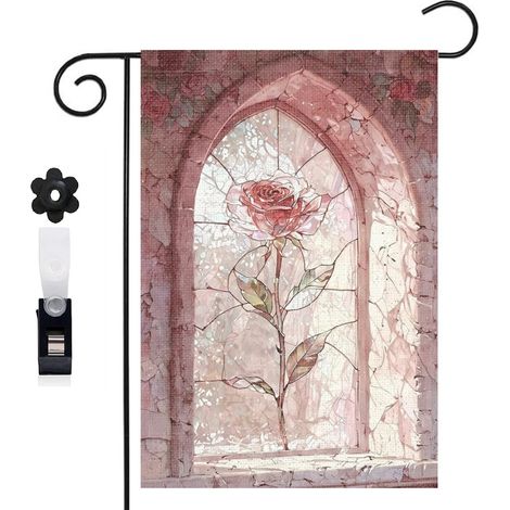 Drapeau de jardin vitrail et rose rouge romantique 30 x 45 cm décoration extérieure jardin (1/5)