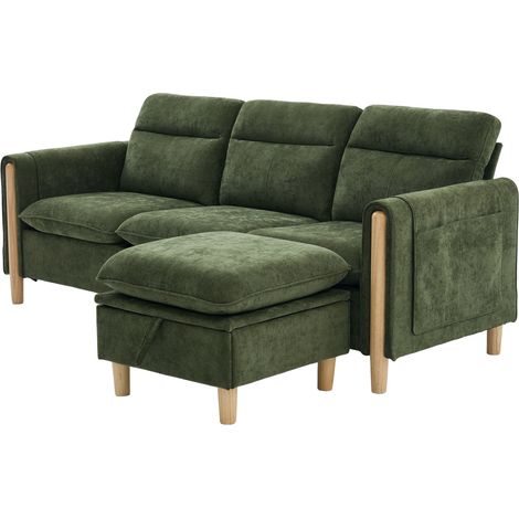 Nordisches 3-Sitzer-Sofa aus grünem Chenille mit Stauraum-Hocker und Seitentaschen (1/5)