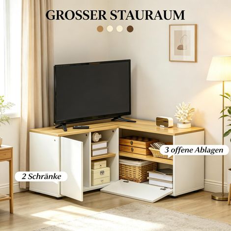 Meuble TV d'angle moderne avec rangements ouverts, meuble télé compact en L, meuble salon gain de place, étagère TV design pour petit espace (1/5)