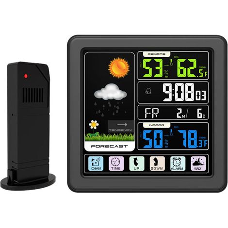 Station météo sans fil avec écran tactile couleur LCD, réveil, thermomètre et hygromètre intérieur/extérieur, port USB et fonction snooze - Noir (1/5)