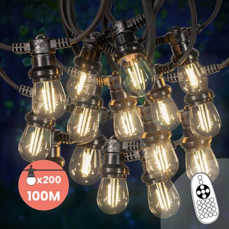 Guirlande Guinguette 100M 200 Bulbes Filament Blanc Chaud avec Variateur de Luminosité et Télécommande - Guirlande Lumineuse Ampoule E27 Transparente Dimmable - Guirlande Guinguette Led
