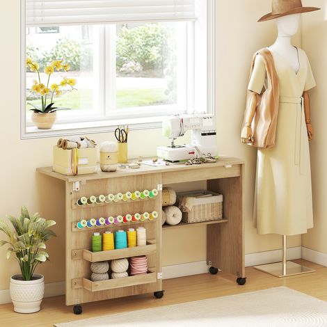 Table de Couture Pliante, Meuble Couture Roulant, Porte Magnétique de Grange, 2 Bacs, Étagère, 18 Chevilles, Naturel (1/5)