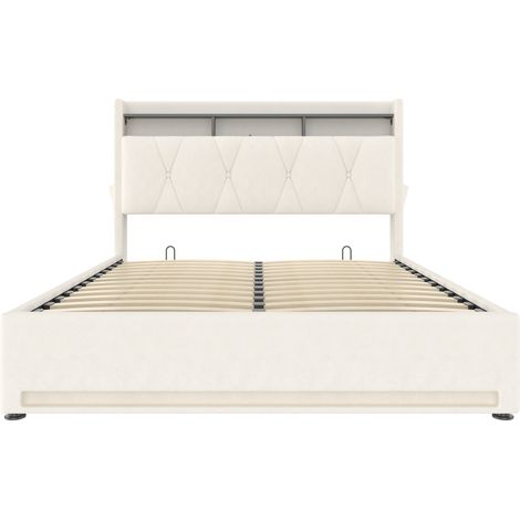 Cama canapé tapizada 160 x 200 cm con LED, USB-C y almacenaje, beige, HOMVRA (1/5)
