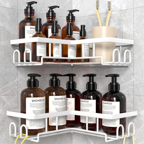 2 Pièces - Étagère Douche - Étagère Salle de Bain - Rangement Angle 90 Degrés - Fixation Adhésive Sans Perçage - Pour Carrelage Et Verre - Blanc - 25x25cm