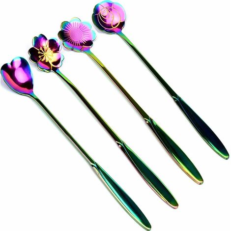 Cuillères à café  Ensemble de cuillères à fleurs, cuillères à thé réutilisables en acier inoxydable Cuillère à mélanger Cuillère à café Cuillères à crème glacée Vaisselle pour le thé, Lot de 4 - Style