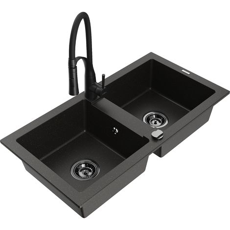 Mexen Mario Granitspüle 2-becken mit Küchenarmatur Aster, Schwarz/Gold Metallic - 6504-75-73450-70-B (1/5)