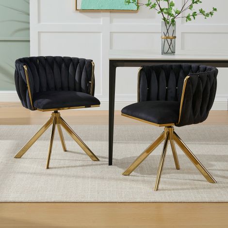 Lot de 2 chaises de salle à manger, fonction pivotante à 180°, avec 4 pieds en métal, fauteuil rembourré, en velours, noir (1/4)