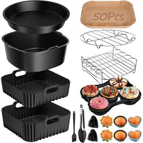 Accessoires Air Fryer pour COSORI Turbo Tower Pro 10,8 L Double Stack - 18 Pcs Accessoires Incluant 2 Moule Silicone Air Fryer Sur Mesure (6,5L+4,3L), Grille Racks, Une plaque à pizza, moule à donuts (1/5)