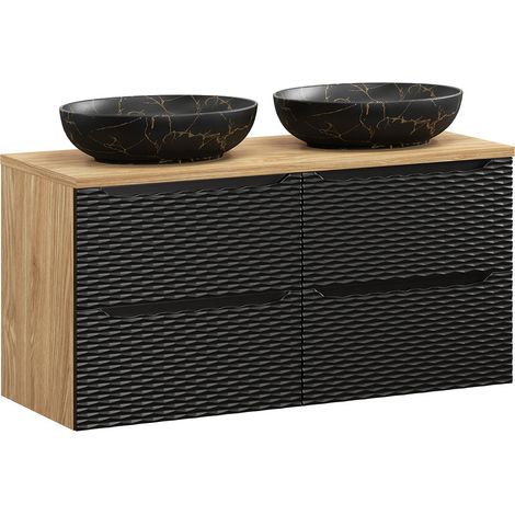 Doppelwaschtisch 120cm in Eiche mit schwarz, OLUO-56-BLACK, Front mit 3D-Struktur in Wellenoptik (1/5)