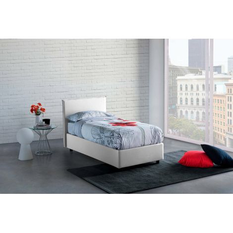 Talamo Italia Lit simple Chiaraluna, Lit conteneur avec revêtement en tissu, 100% Made in Italy, Ouverture frontale, avec matelas Cm 90x190 inclus, Blanc, avec emballage renforcé (1/5)
