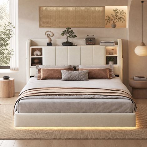 DESMIU Lit coffre 140 × 200 cm 2 places avec LED, USB, rangements et étagères, sans matelas, en tissu beige (1/5)
