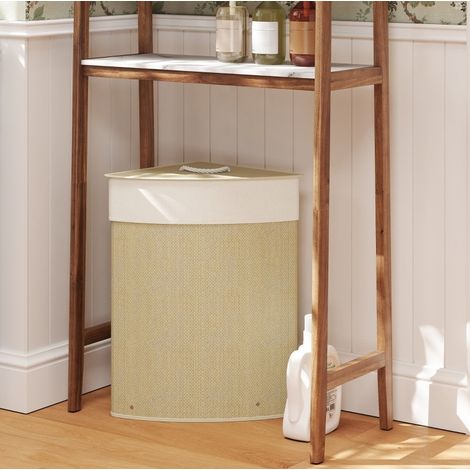 Panier à linge d'angle 35x35x60 cm en bambou beige, gain de place pour salle de bain FloraGrace (1/5)