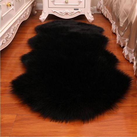 Tapis Longs Poils - Tapis Anti-dérapant En Imitation Laine - Pour Chambre À Coucher Ou Canapé - 40 x 60 cm - Noir (1/5)
