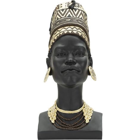 Scultura Donna Masai con turbante busto etnico in resina nera
