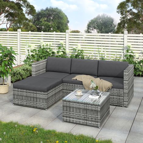Rattan garden furniture set 4-seater – PE rattan with powder-coated steel frame – Thick glass top coffee table – Cushions included – Grey – Merax (1/6)