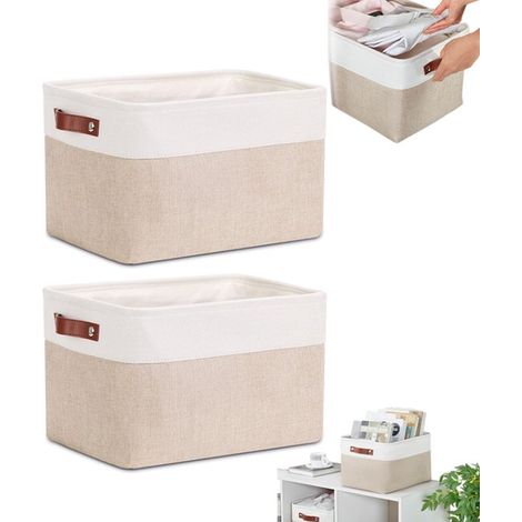 Lot de 2 paniers de rangement rectangulaires en tissu avec poignée, pliables et dotés de poignées. Dimensions : 40 x 30 x 25 cm. Coloris beige et blanc. Idéaux pour ranger vêtements, jouets et autres  (1/5)