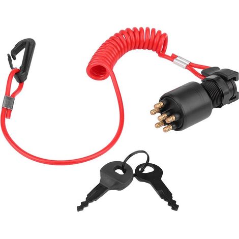 Interrupteur à clé avec longe - 1 unité - Métal et plastique - Coupe-circuit sécurité - Moteur bateau Evinrude - Noir/Rouge 70x30mm (1/5)
