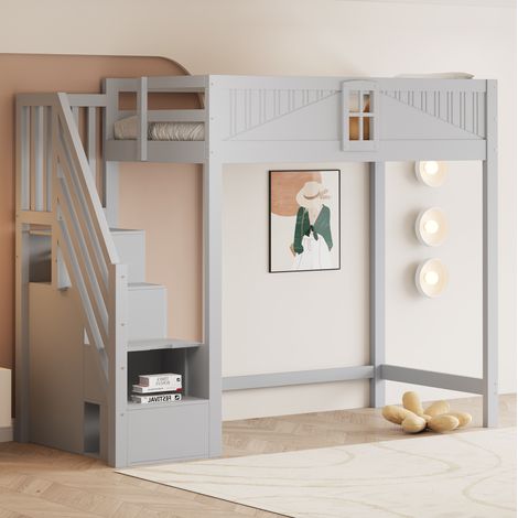 Cama alta infantil 90x200 cm con escalera reversible, ventana, gris, madera FloraGrace (1/5)