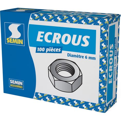 Semin – Écrou hexagonal fileté 6 mm – Acier galvanisé – Lot de 100 – Résistance élevée pour blocage tiges filetées