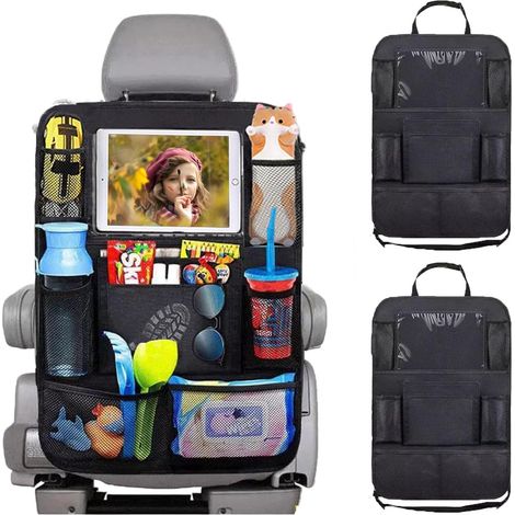 Organisateur de siège arrière de voiture avec support pour tablette, lot de 2 housses de siège arrière avec protection anti-coups de pied et 9 poches de rangement, compatible avec les voyages (1/5)