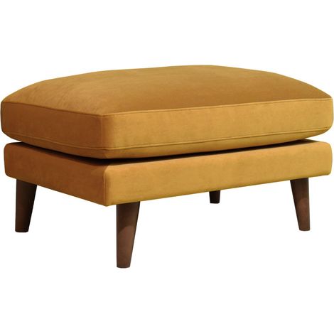 Pouf en velours pieds bois foncé - Jaune moutarde - VILLABON (1/5)
