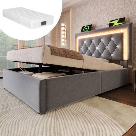 Lit Coffre 1 Place 90x200 cm LED USB Velours Gris - Lit Rembourré - Avec Matelas Rangement Hydraulique Sommier à Lattes Inclus (1/5)