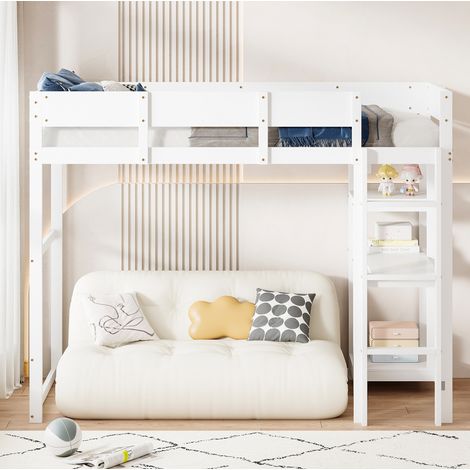 Cama alta 90x200 con estante de madera blanco OKMYHOME (1/5)
