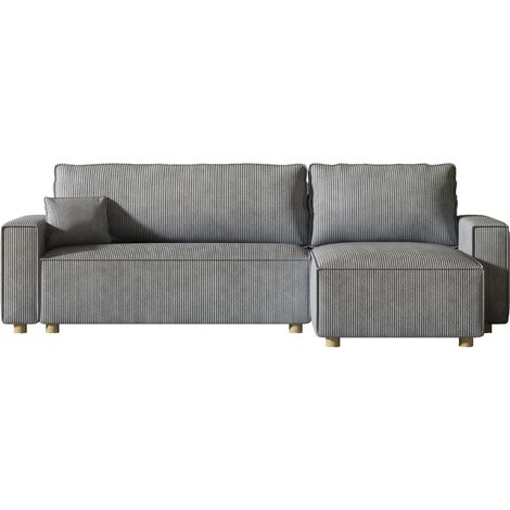 Ecksofa mit Schlaffunktion aus hellgrauem Rippvelours COSY