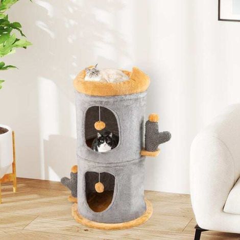 2 niches et perchoir supérieur - arbre à chat 48 x 83 cm, repos et jeu, modules séparables pour un ou plusieurs chats (1/5)