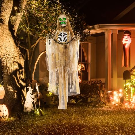 Décoration Halloween squelette suspendu tête lumineuse hurlement lugubre bras flexibles khaki (1/5)