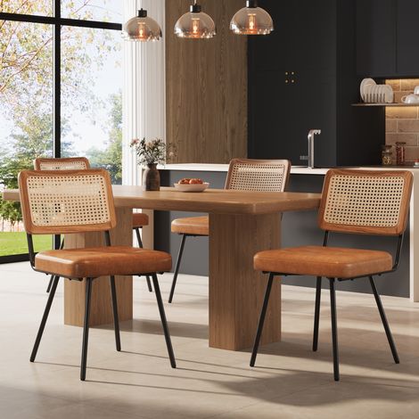 Chaise de salle à manger en cuir régénéré et résine tressée, dossier ergonomique, pieds métal réglables, lot de 1, style rétro brun – CHICFURN (1/5)