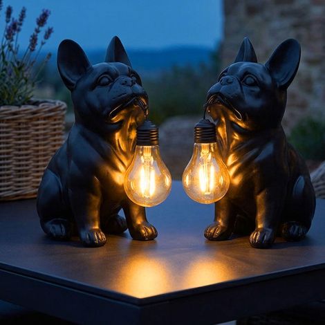 2x LED Solarleuchte Solarlampe Außenleuchte schwarz matt Bulldogge Hund H 23,5cm (1/5)