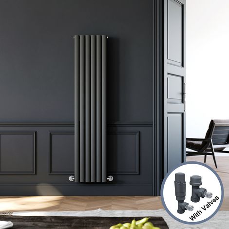 ELEGANT Vertical Column Designer Radiator Anthracite Oval Double Panel Rad 1600 x 354mm + Chrome Thermostatic Radiator Valves (1/5)