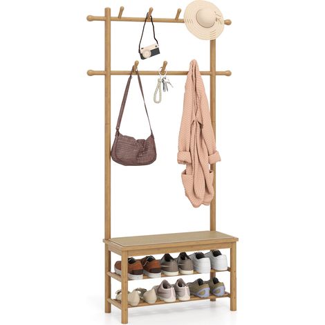 Porte-manteaux en bambou, porte-vêtements en rotin PE avec banc et rangement de chaussures, banc d'entrée 3 en 1 - naturel (1/5)