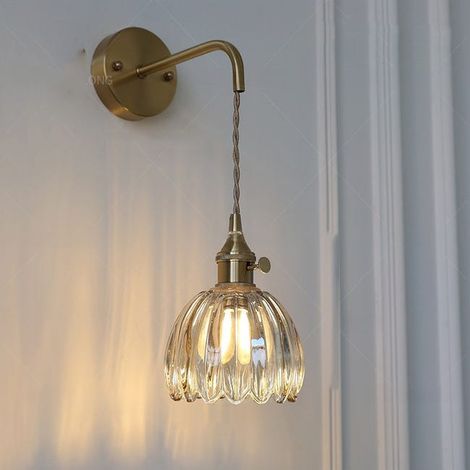 Retro-Wandlampe mit hellgoldenem Glaslampenschirm, 220-V-Kronleuchter aus Messing mit 70 cm verstellbarer Kette, E26-Schlafzimmer-Nachttischlampe – inklusive Glühbirne