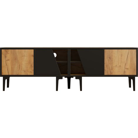 Mobile TV basso 160 x 36,5 x 45 cm in truciolato effetto legno naturale nero per TV 65 (1/5)