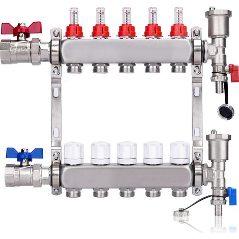 Kit Collecteur Radiateur, 5 Circuits Distributeur Chauffage, avec Vannes à Boisseau Sphérique 1", avec Purgeur Manuel et Débitmètre, Raccords pour Eurocône 3/4, Distributeur HKV