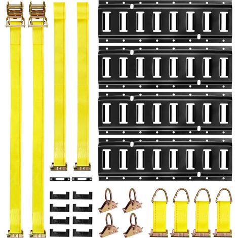 Kit de fixation sur rail E-Track, lot de 4 rails de 40 cm, 21 pièces avec 2 sangles à cliquet, 4 anneaux O, 4 points d'ancrage à anneau D, 2 fentes simples, 8 embouts et 1 sac, pour garages, fourgons (1/5)