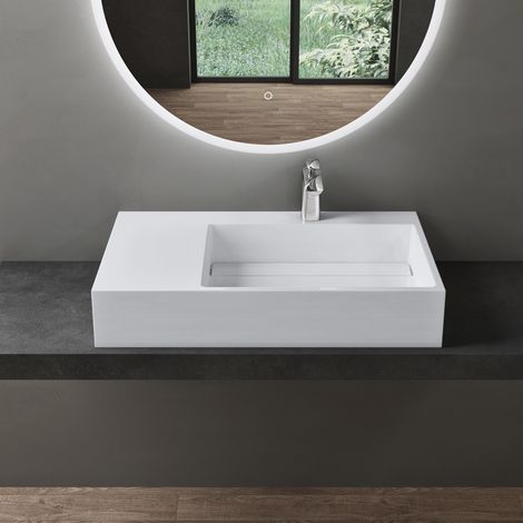 doporro® lavabo de diseño 75x43x14cm desagüe oculto Colossum12-derecho en blanco de mármol fundido apto como lavabo sobre encimera y lavabo suspendido