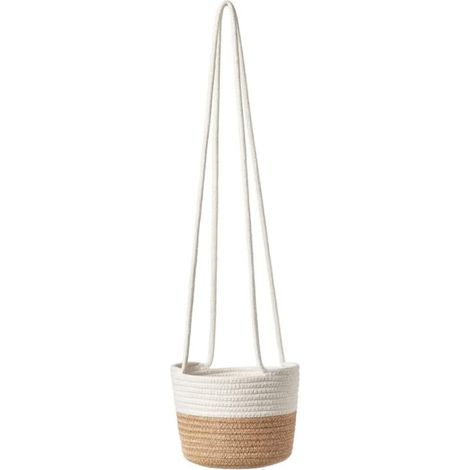 Panier suspendu pour plantes en corde tressée souple, couleur beige, idéal pour la décoration intérieure de la maison ou de la chambre. Pot de 14 cm. (1/5)