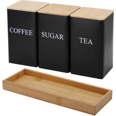 Ensemble de 3 boîtes à thé, café et sucre avec plateau, en fer, avec couvercle en bambou. (1/5)