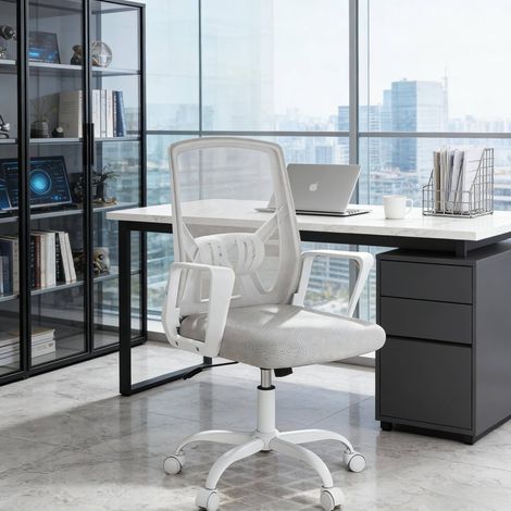 Silla de oficina 57x57x99.5-101 cm gris claro metal y malla con respaldo plegable y altura regulable (1/5)