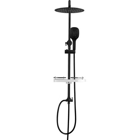 Görbach Regendusche Schwarz Matt – Duschsystem ohne Armatur mit Ablage, Nachrüst-Set, verstellbare Duschsäule aus Edelstahl – Regendusche runde Ø20 cm (1/5)