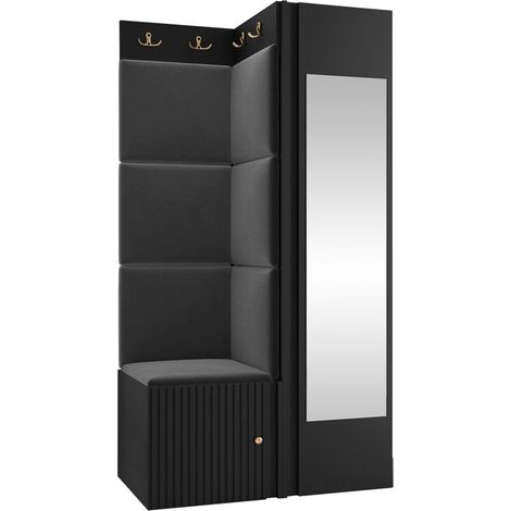 Conjunto para recibidor Hartford 391, Negro, 186x82x46cm, Espejo, Aglomerado laminado, Tapiz, MDF, Montada en la pared, Colocada