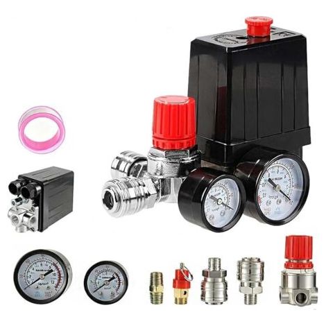 Pair Pressostat pour compresseur d'air, régulateur de pression 220 V pour compresseur d'air avec manomètre, raccords de soupape de sécurité, pièces de rechange pour compresseur 90-120 PSI (1/5)