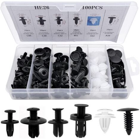 100Pcs Rivet Clips Plastique, Clips Voiture Attaches de Pare Chocs Clips à Rivets, Rivets Plastiques Fixation de Protection avec différentes formes et tailles (1/5)
