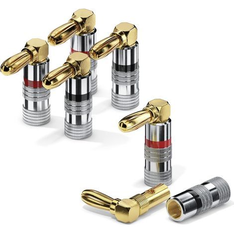 Set of 4 90° Angled Banana Plugs, 24K Gold Plated, For 6 mm² Cables, Red and Black Colored Rings (1/5)